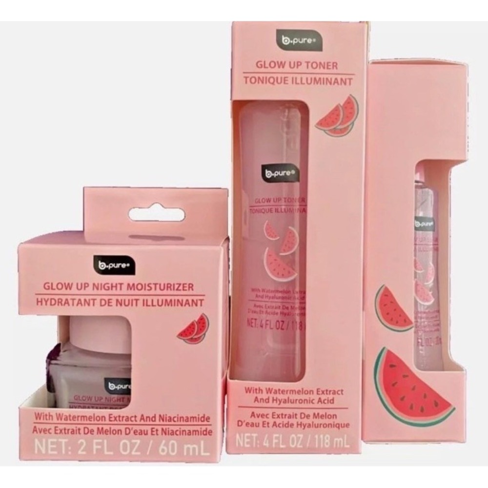 B.Pure Glow Up Watermelon Skincare Set Night Moisturizer Toner Serum 3pc Kit
